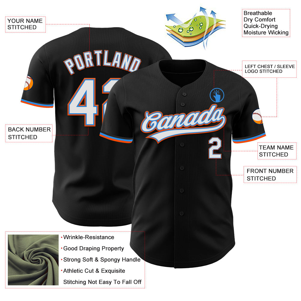Custom Black White Electric Blue-Orange Authentic Baseball Jersey view 3