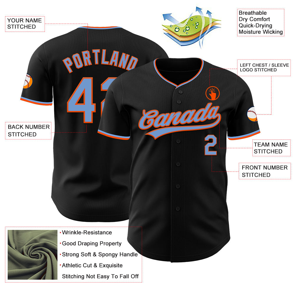 Custom Black Powder Blue-Orange Authentic Baseball Jersey view 3
