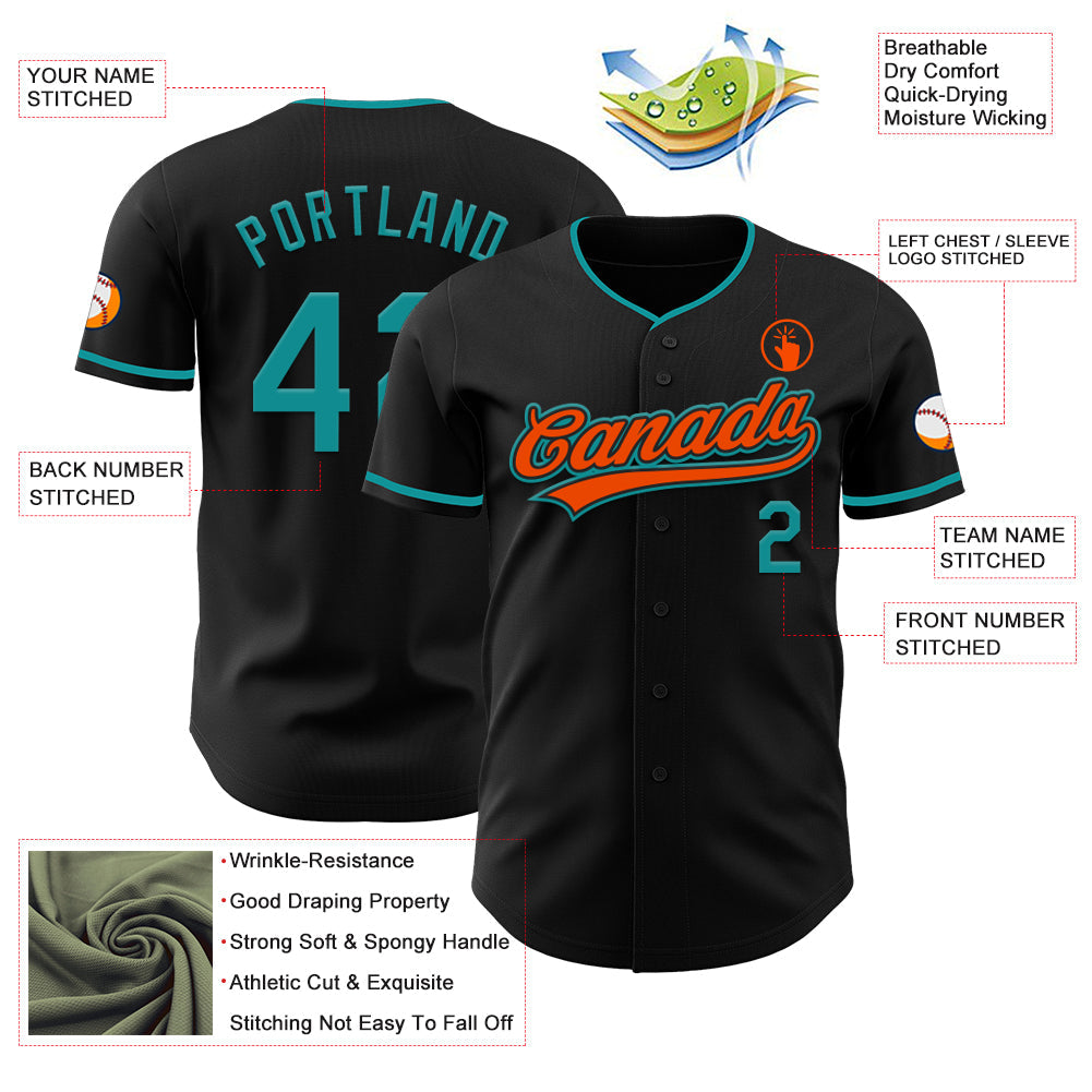 Custom Black Teal-Orange Authentic Baseball Jersey view 3