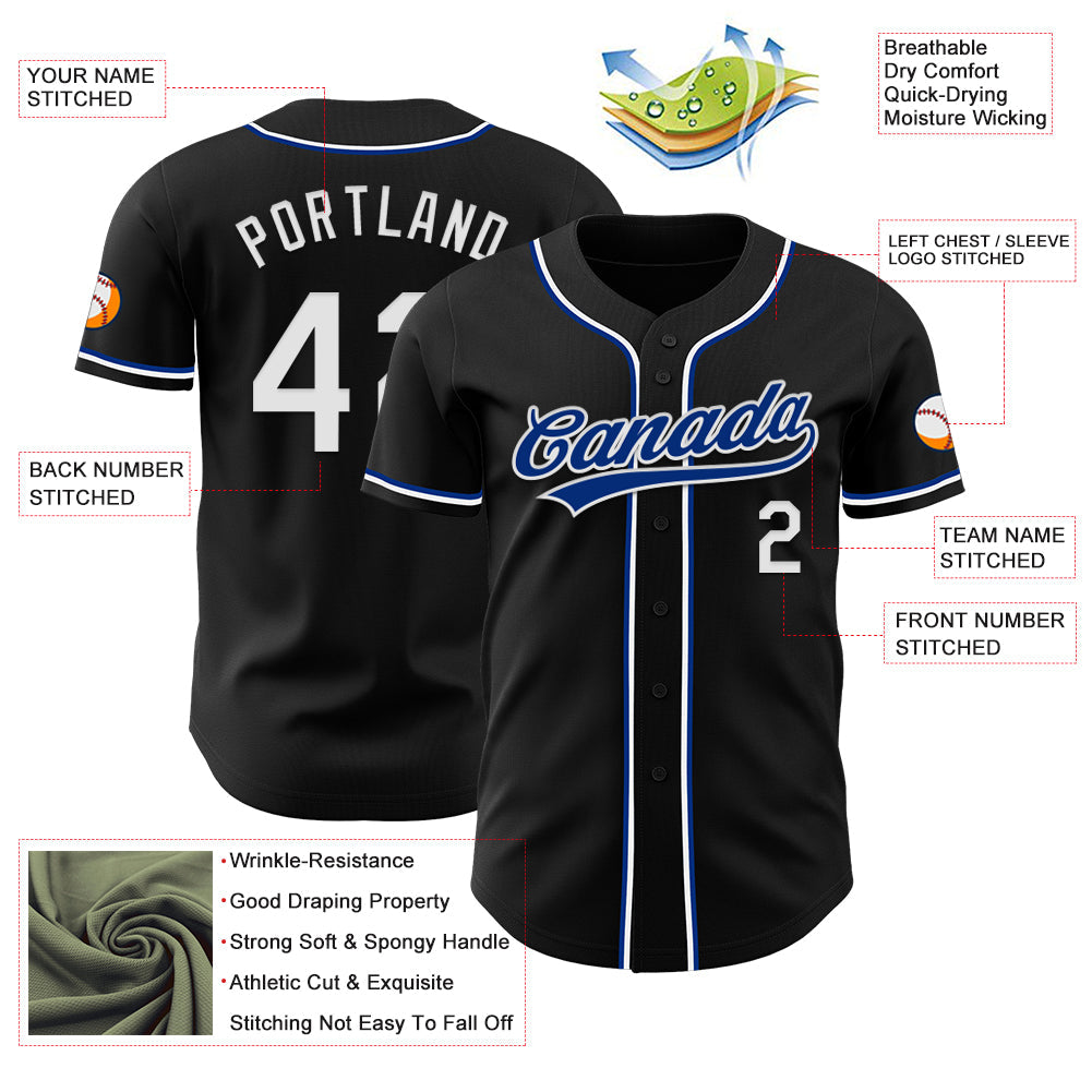 Custom Black White-Royal Authentic Baseball Jersey view 3