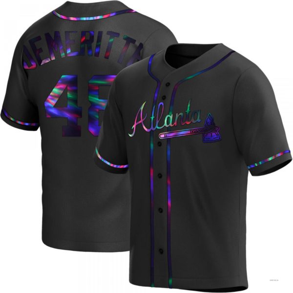 Atlanta Braves #48 Travis Demeritte Black Holographic Alternate Jersey Stitches Baseball Jerseys - Main View