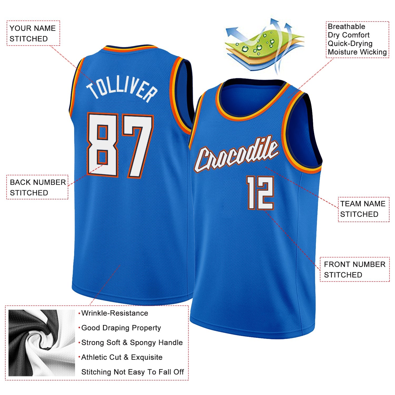 Custom Blue White-Orange Round Neck Rib-Knit Basketball Jersey view 2