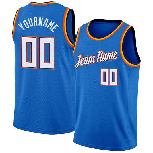 Custom Blue White-Orange Round Neck Rib-Knit Basketball Jersey - Main View