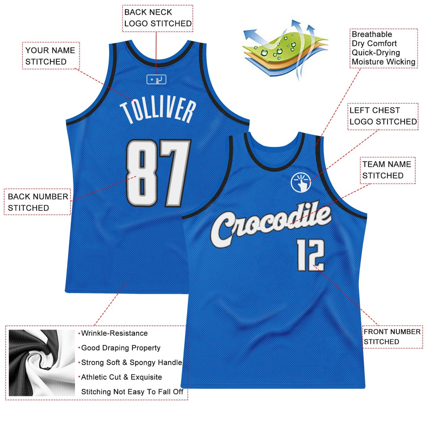 Custom Blue White-Black Authentic Throwback Basketball Jersey view 2