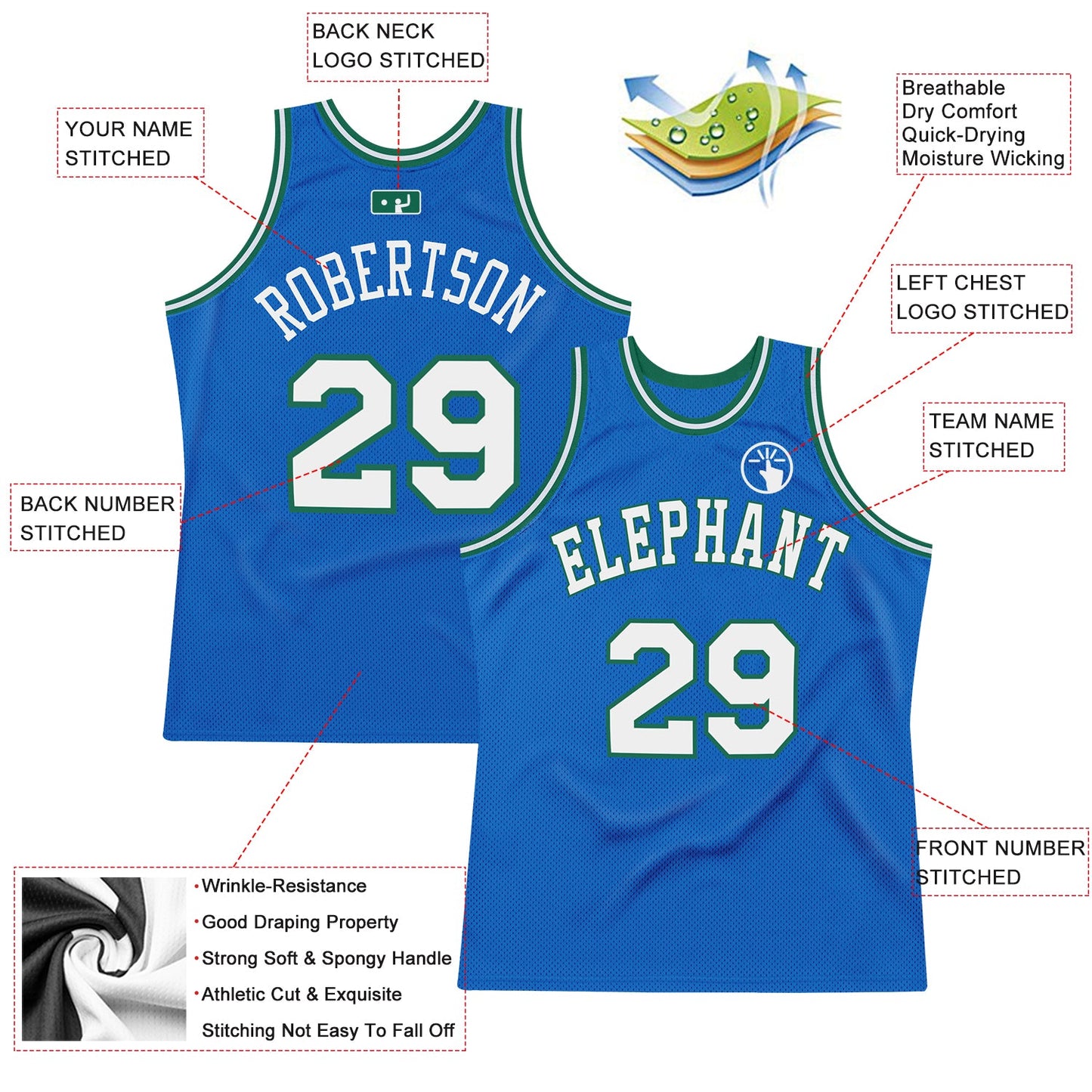 Custom Blue White-Kelly Green Authentic Throwback Basketball Jersey view 2