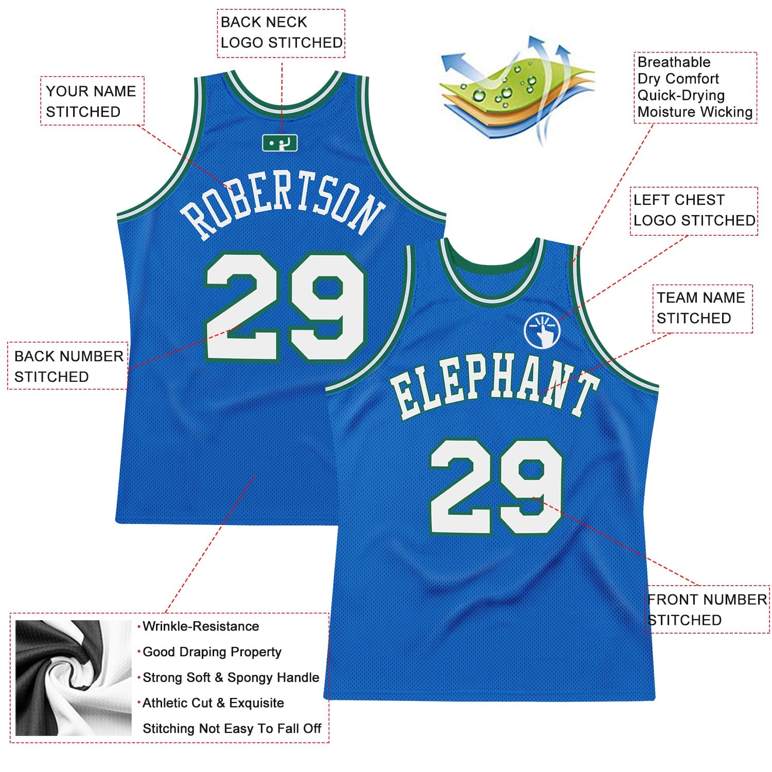 Custom Blue White-Kelly Green Authentic Throwback Basketball Jersey view 2