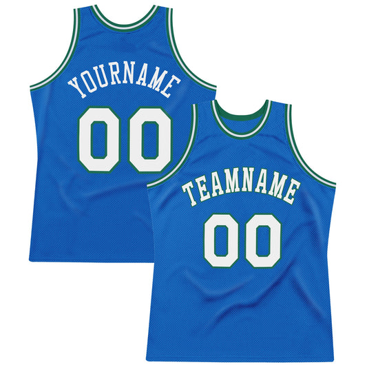 Custom Blue White-Kelly Green Authentic Throwback Basketball Jersey - Main View
