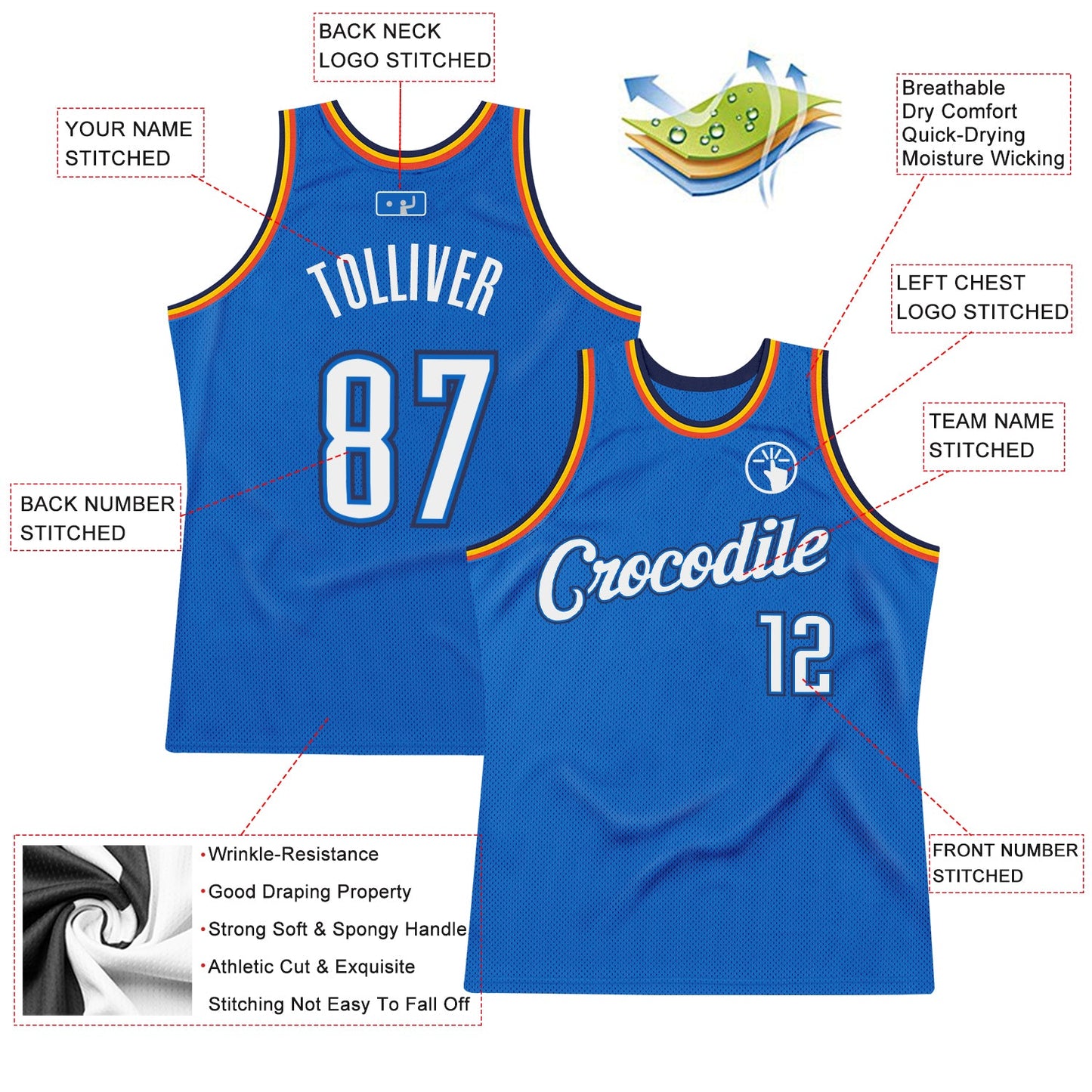 Custom Blue White-Navy Authentic Throwback Basketball Jersey view 2
