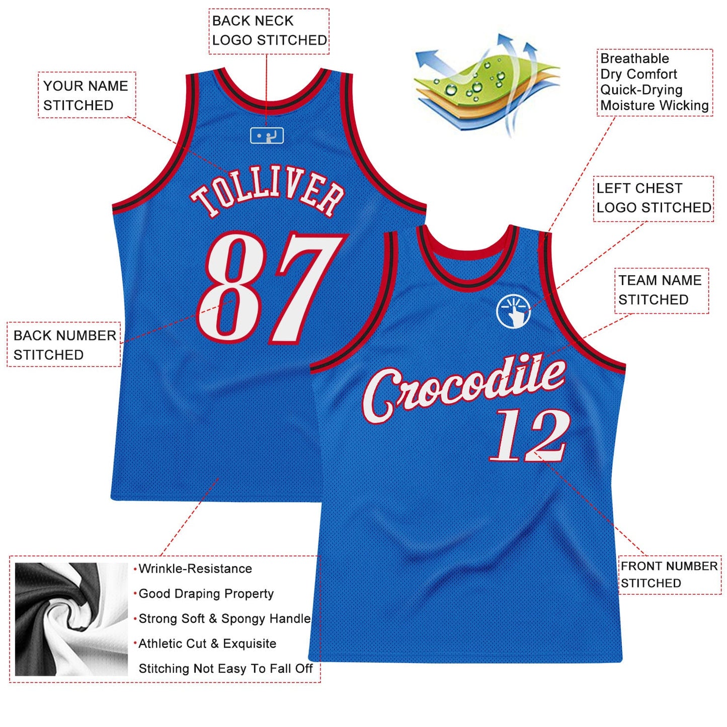 Custom Blue White-Red Authentic Throwback Basketball Jersey view 2