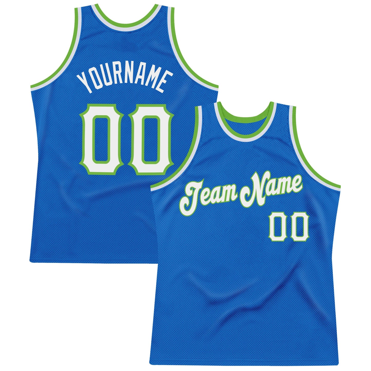 Custom Blue White-Neon Green Authentic Throwback Basketball Jersey - Main View