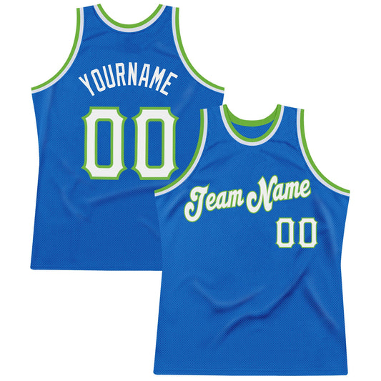 Custom Blue White-Neon Green Authentic Throwback Basketball Jersey - Main View