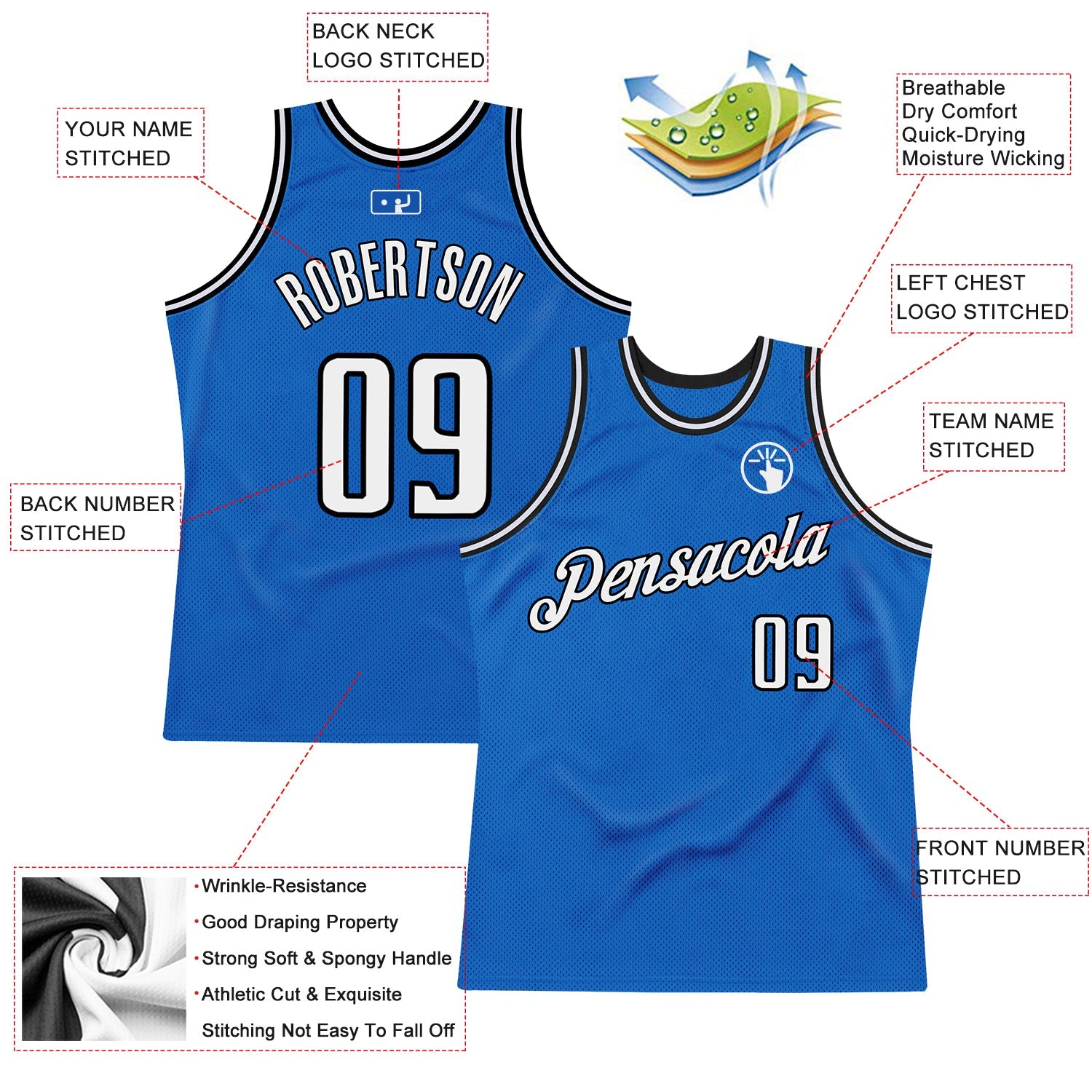 Custom Blue White-Black Authentic Throwback Basketball Jersey view 2