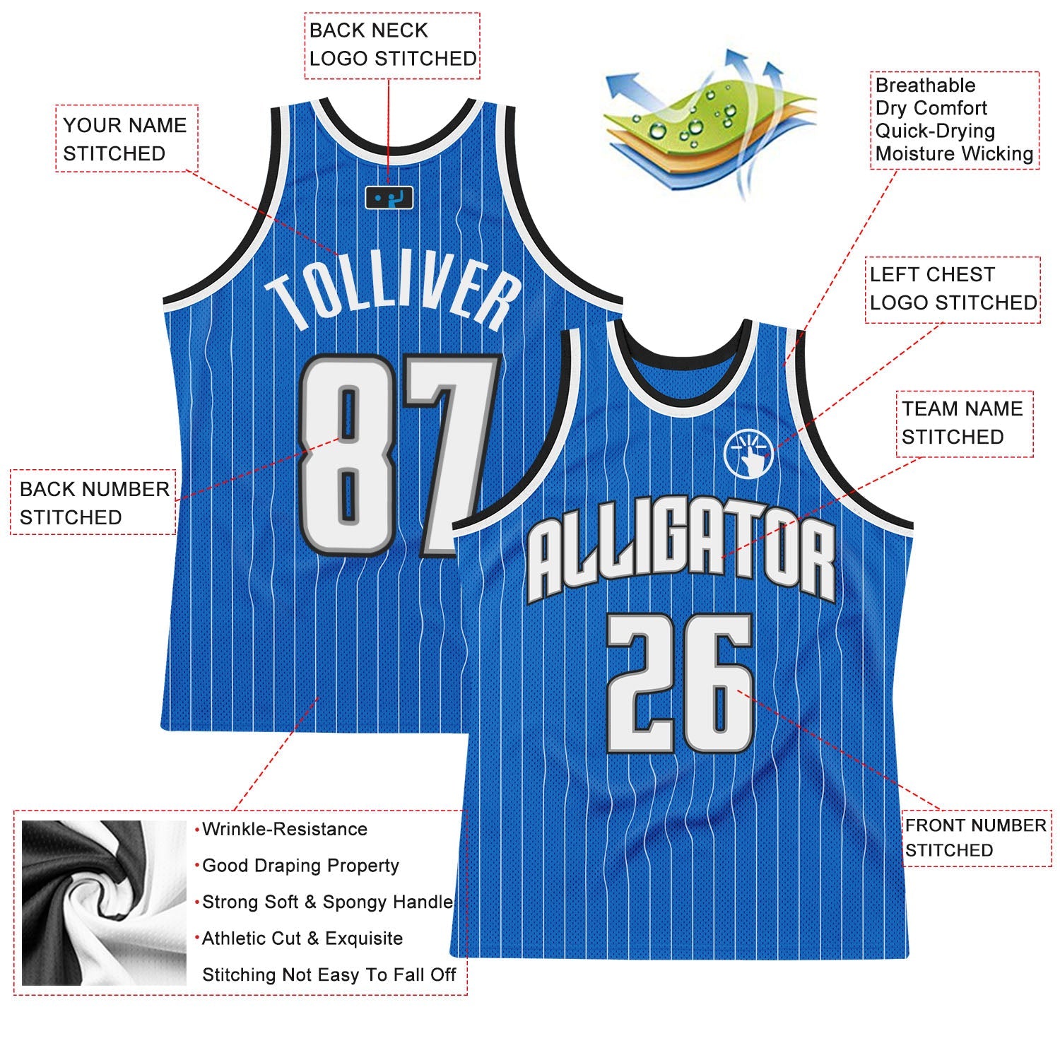 Custom Blue White Pinstripe White-Black Authentic Basketball Jersey view 2
