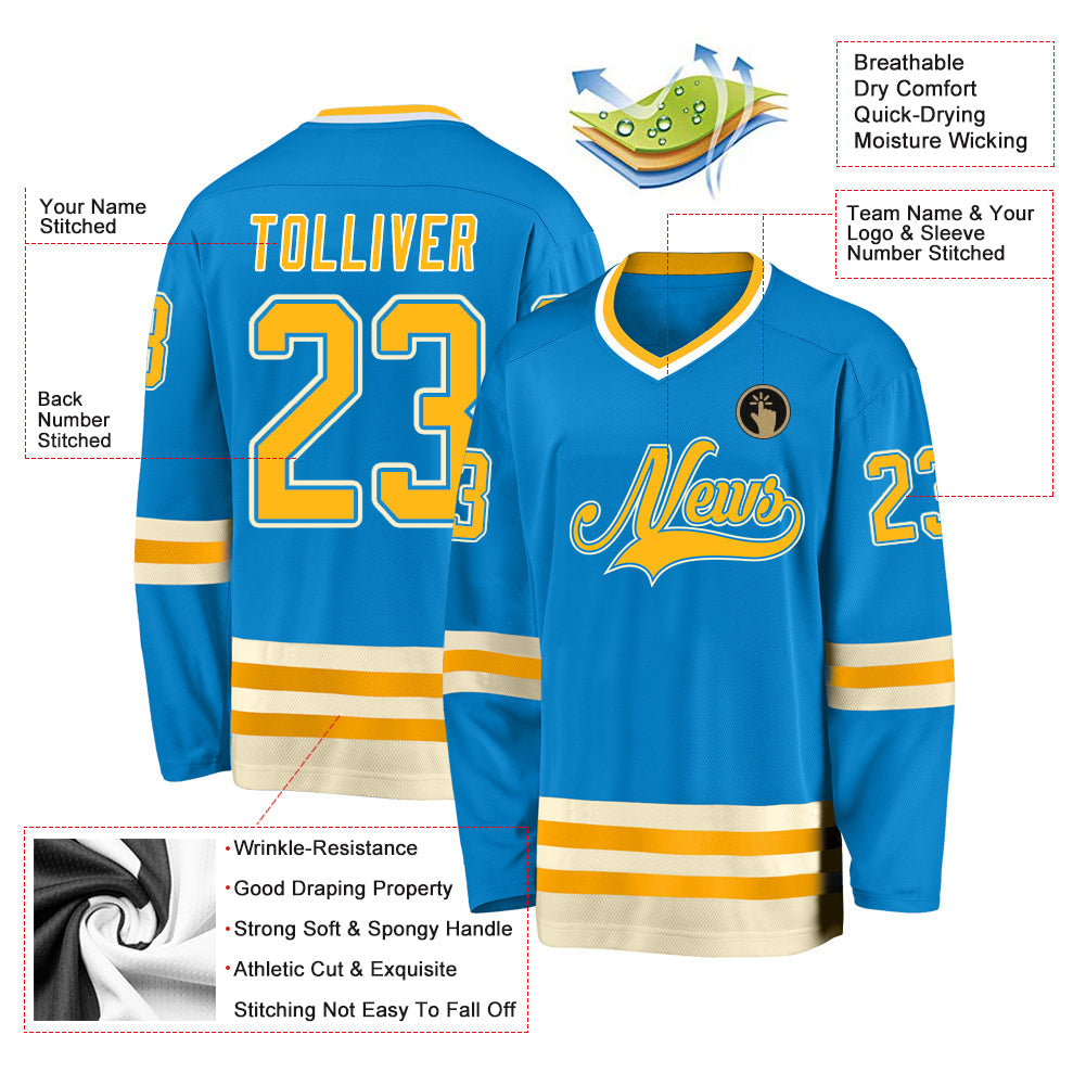 Custom Blue Gold-Cream Hockey Jersey view 2