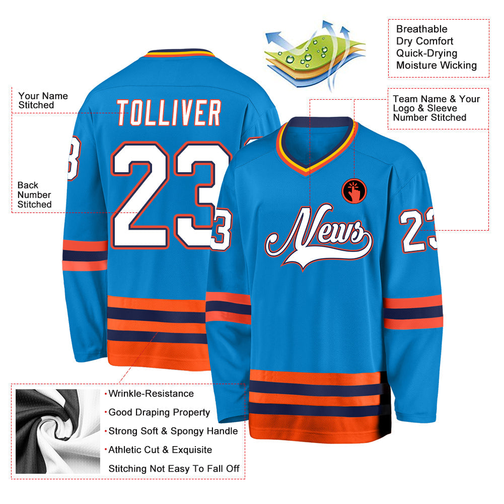 Custom Blue White-Orange Hockey Jersey view 2
