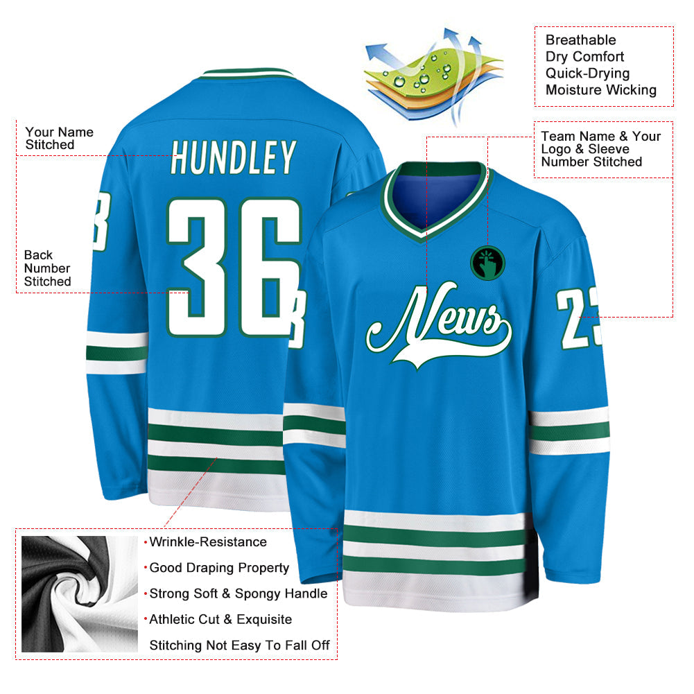 Custom Blue White-Kelly Green Hockey Jersey view 2