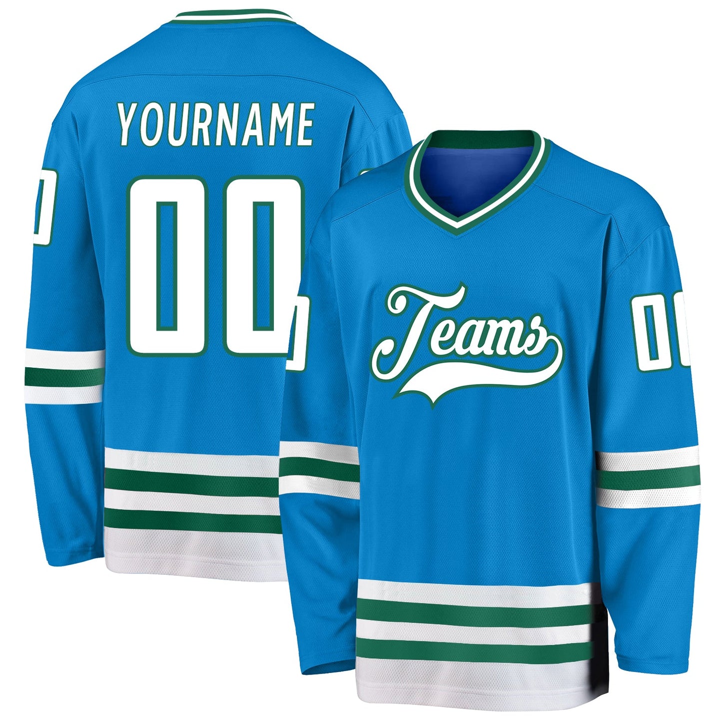 Custom Blue White-Kelly Green Hockey Jersey - Main View