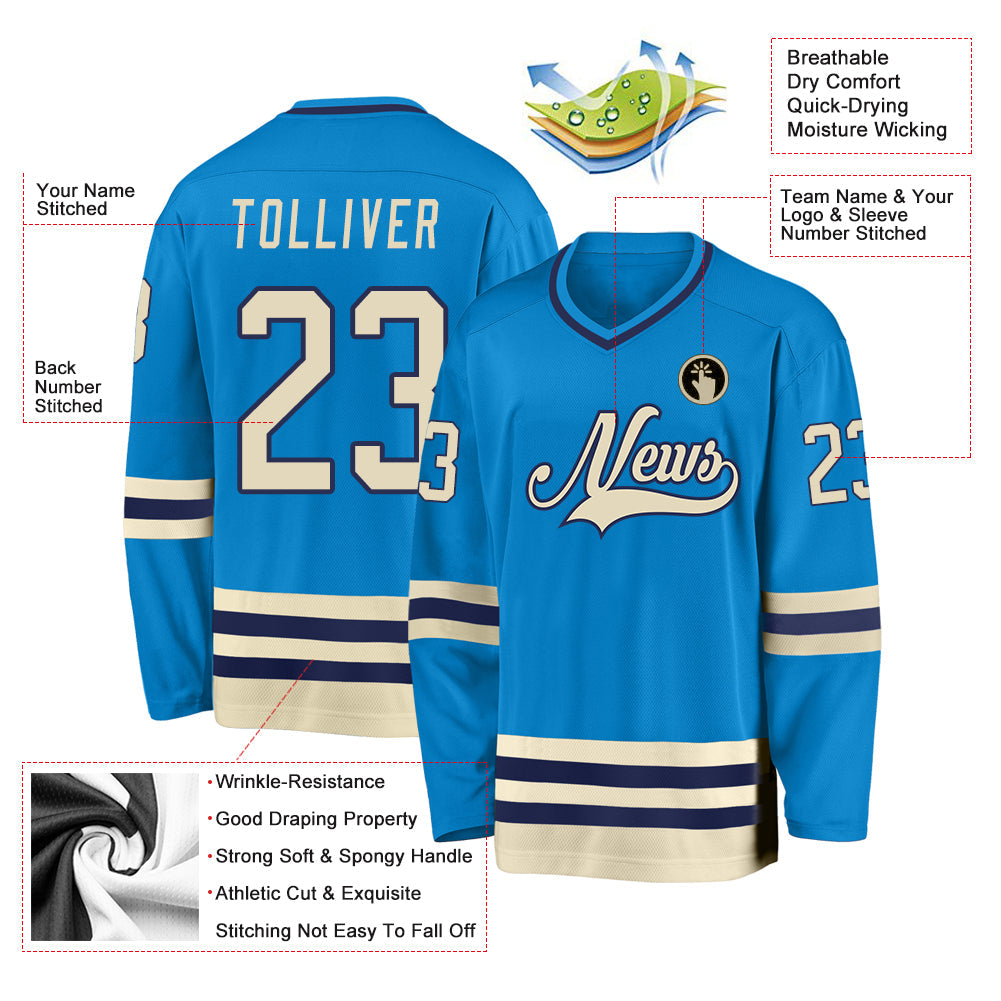 Custom Blue Cream-Navy Hockey Jersey view 2