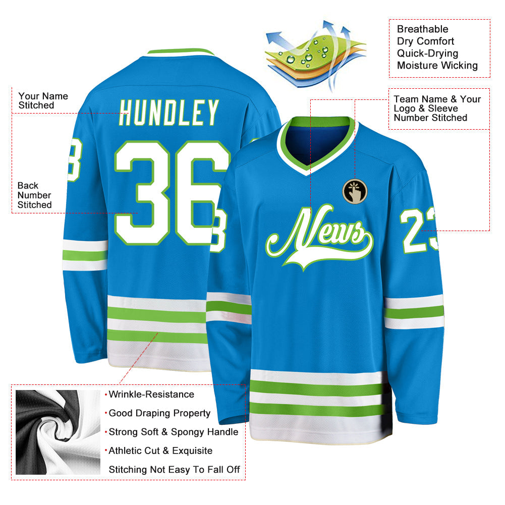 Custom Blue White-Neon Green Hockey Jersey view 2