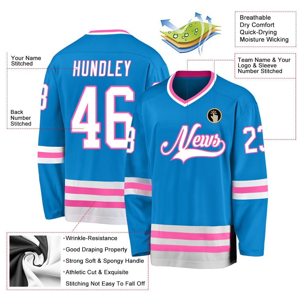 Custom Blue White-Pink Hockey Jersey view 2