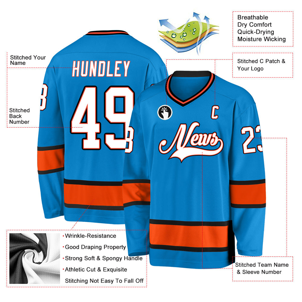 Custom Blue White-Orange Hockey Jersey view 2