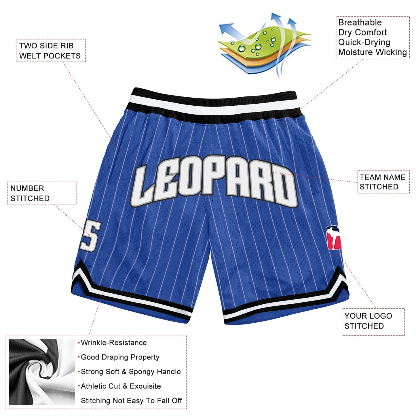 Custom Blue White Pinstripe White-Gray Authentic Basketball Shorts view 2