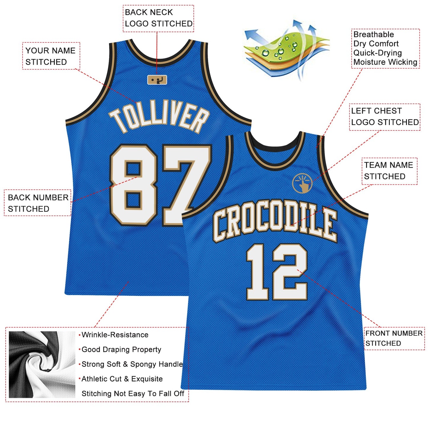 Custom Blue White-Old Gold Authentic Throwback Basketball Jersey view 2