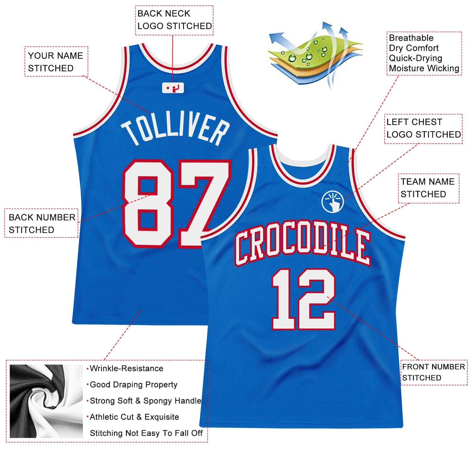 Custom Blue White-Red Authentic Throwback Basketball Jersey view 2