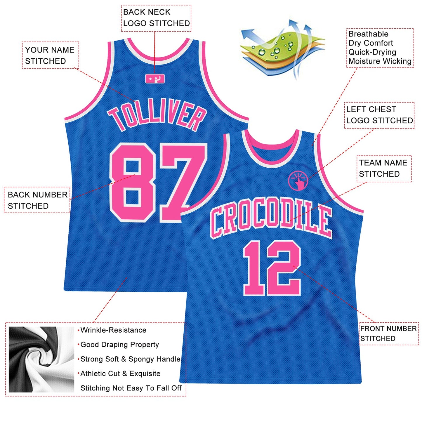 Custom Blue Pink-White Authentic Throwback Basketball Jersey view 2