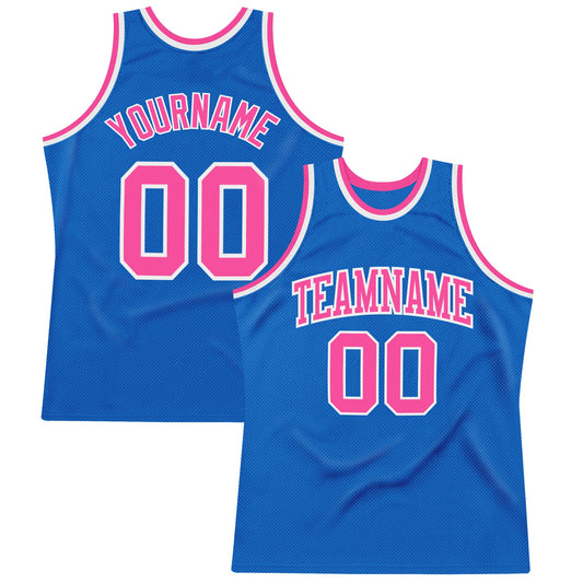Custom Blue Pink-White Authentic Throwback Basketball Jersey - Main View