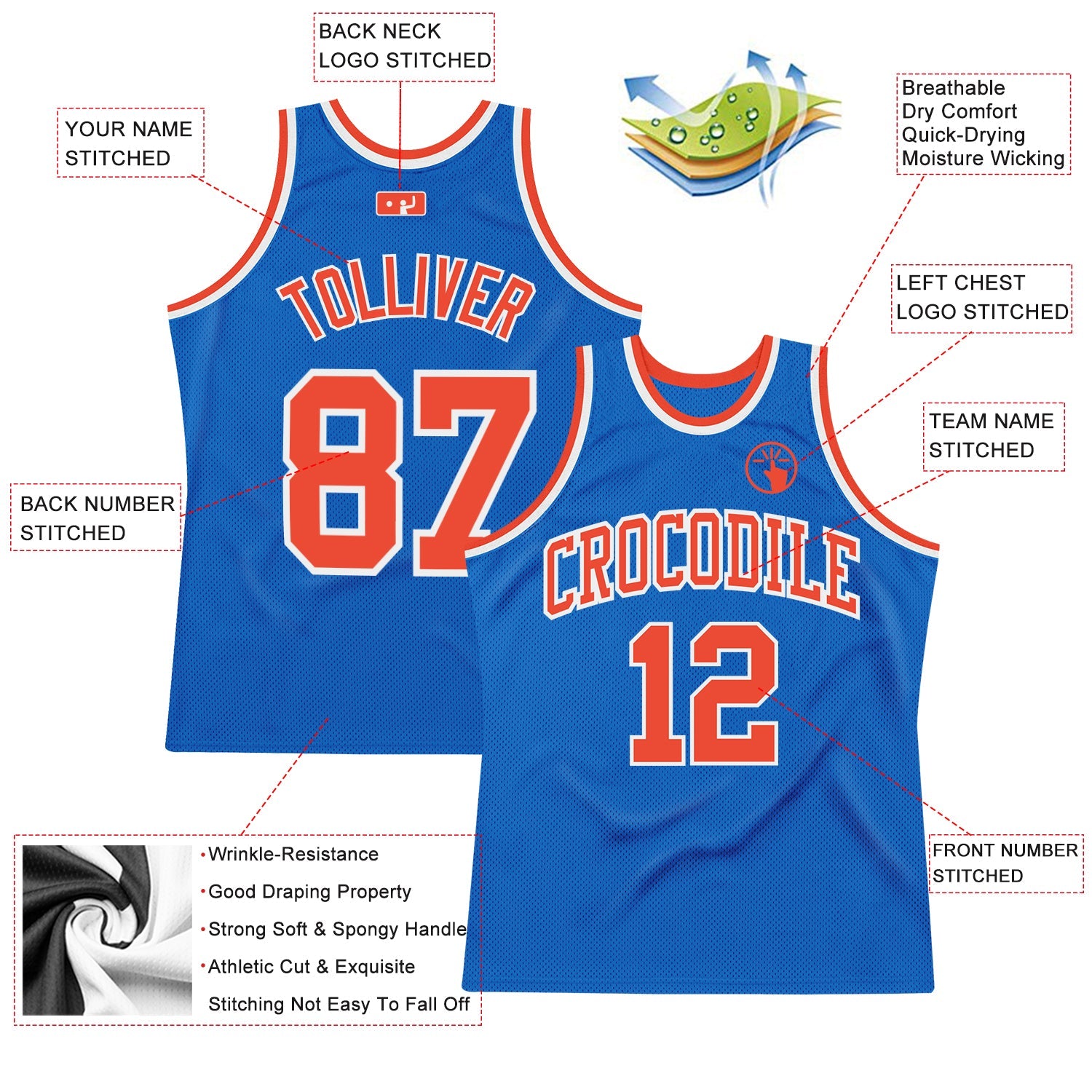 Custom Blue Orange-White Authentic Throwback Basketball Jersey view 2