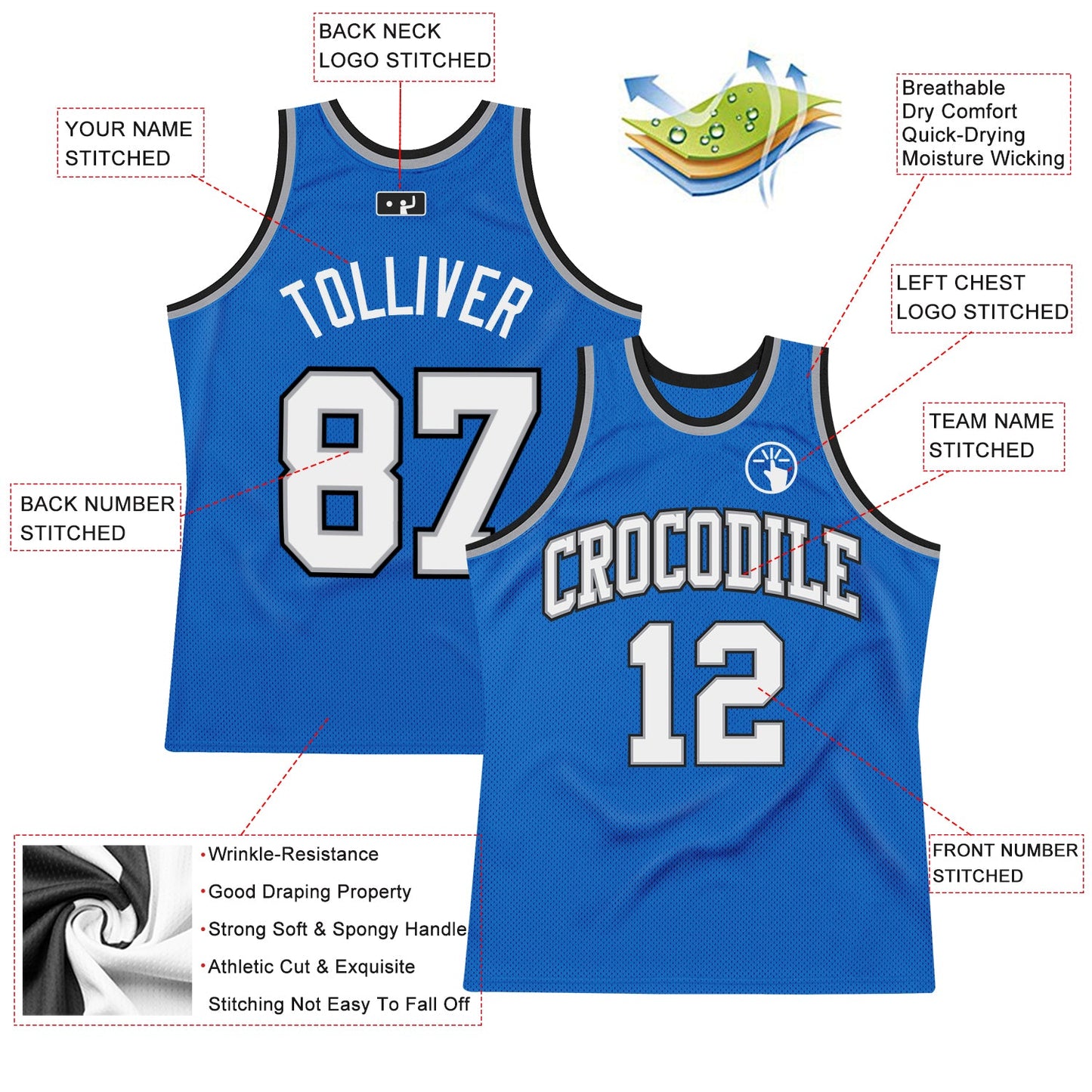 Custom Blue White-Gray Authentic Throwback Basketball Jersey view 2