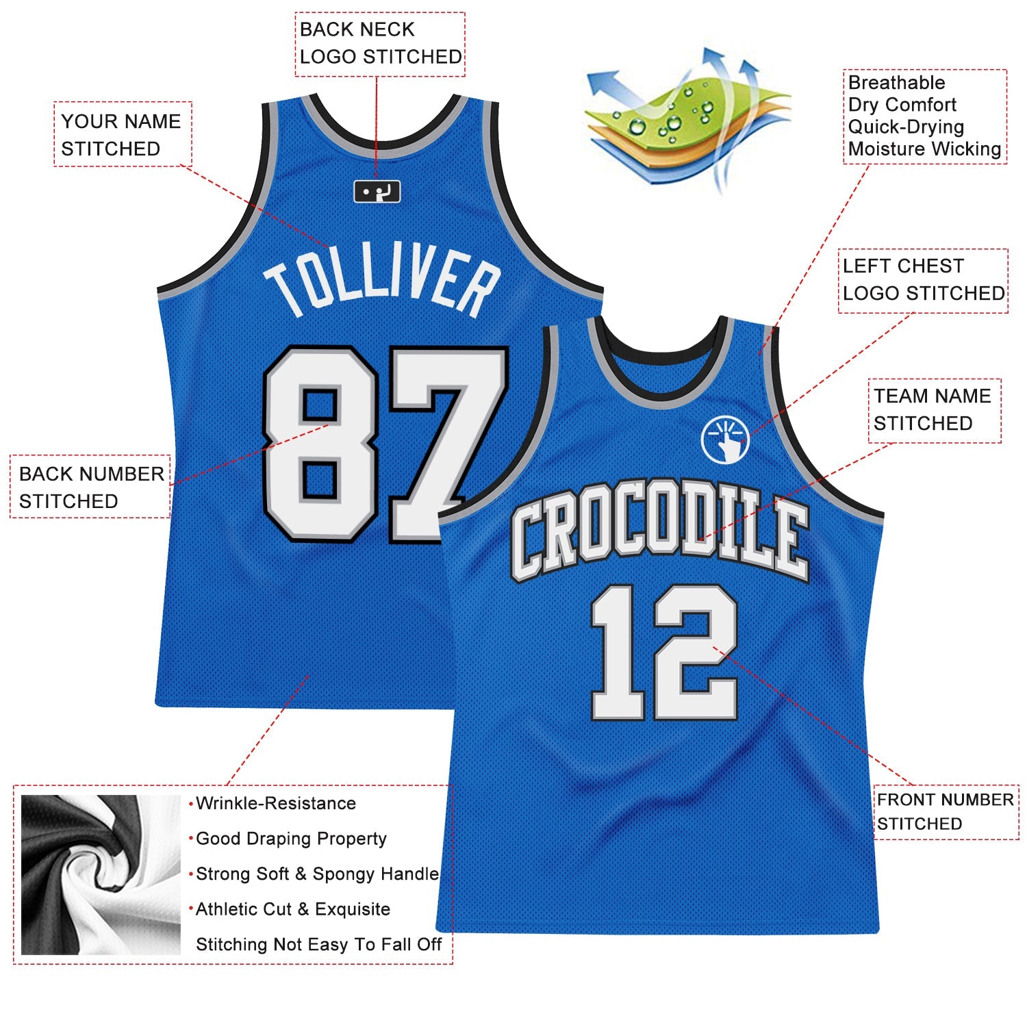 Custom Blue White-Gray Authentic Throwback Basketball Jersey view 2
