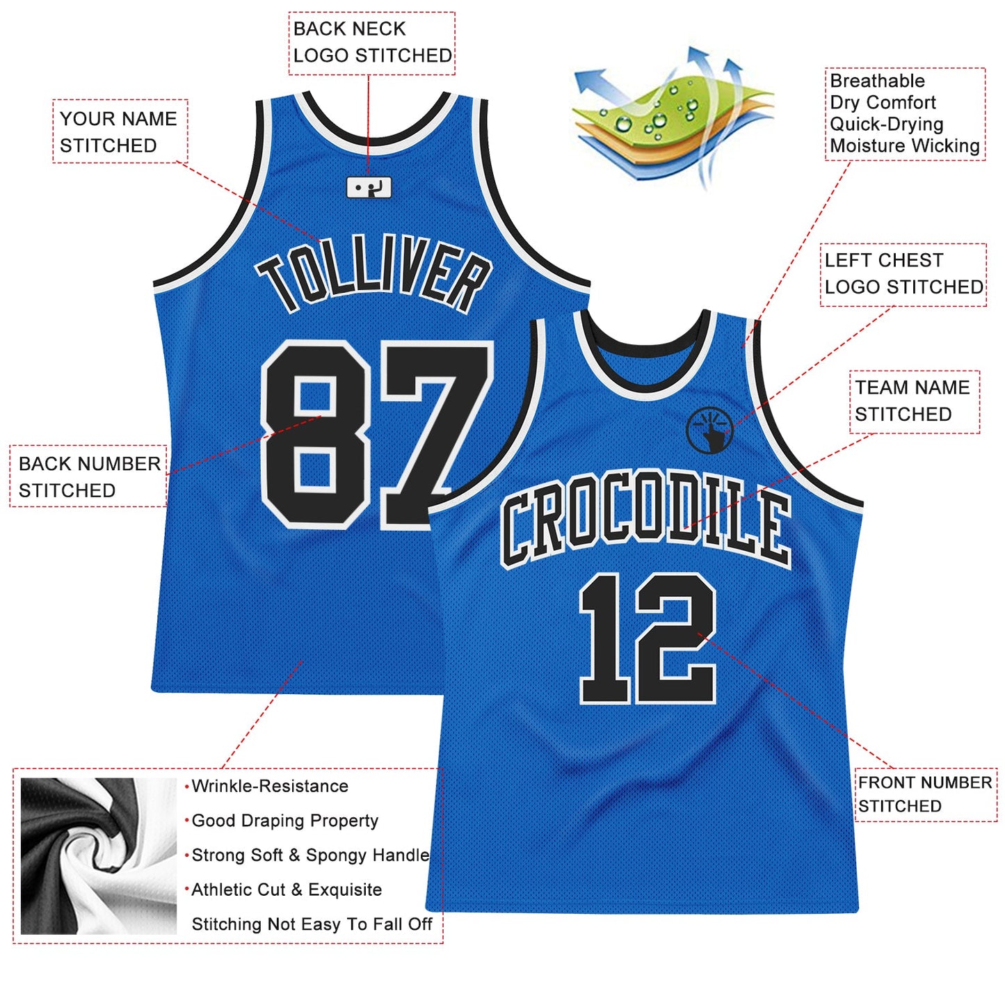 Custom Blue Black-White Authentic Throwback Basketball Jersey view 2
