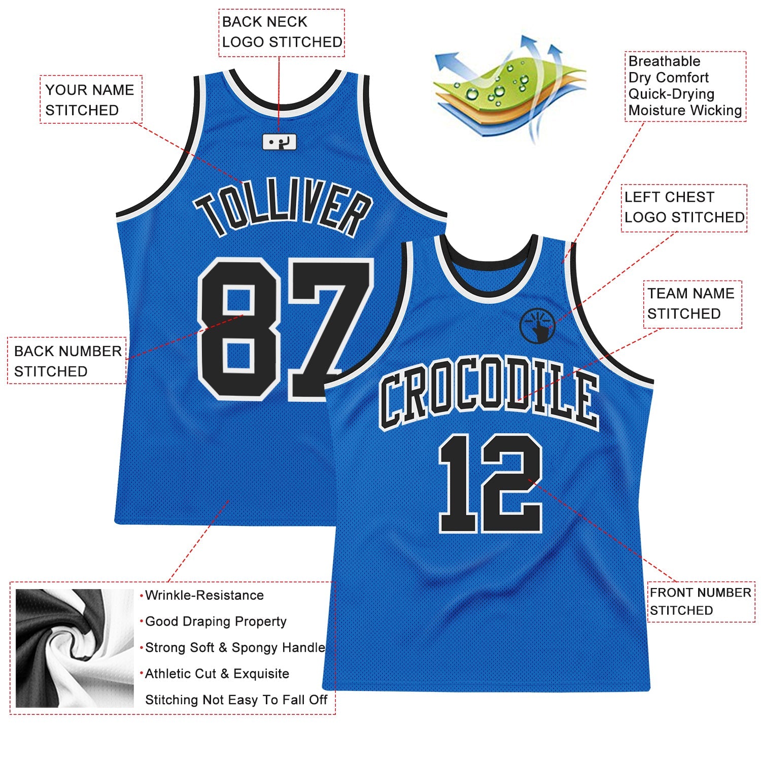 Custom Blue Black-White Authentic Throwback Basketball Jersey view 2