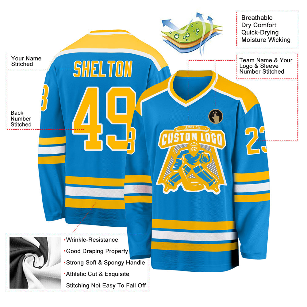 Custom Blue Gold-White Hockey Jersey view 3
