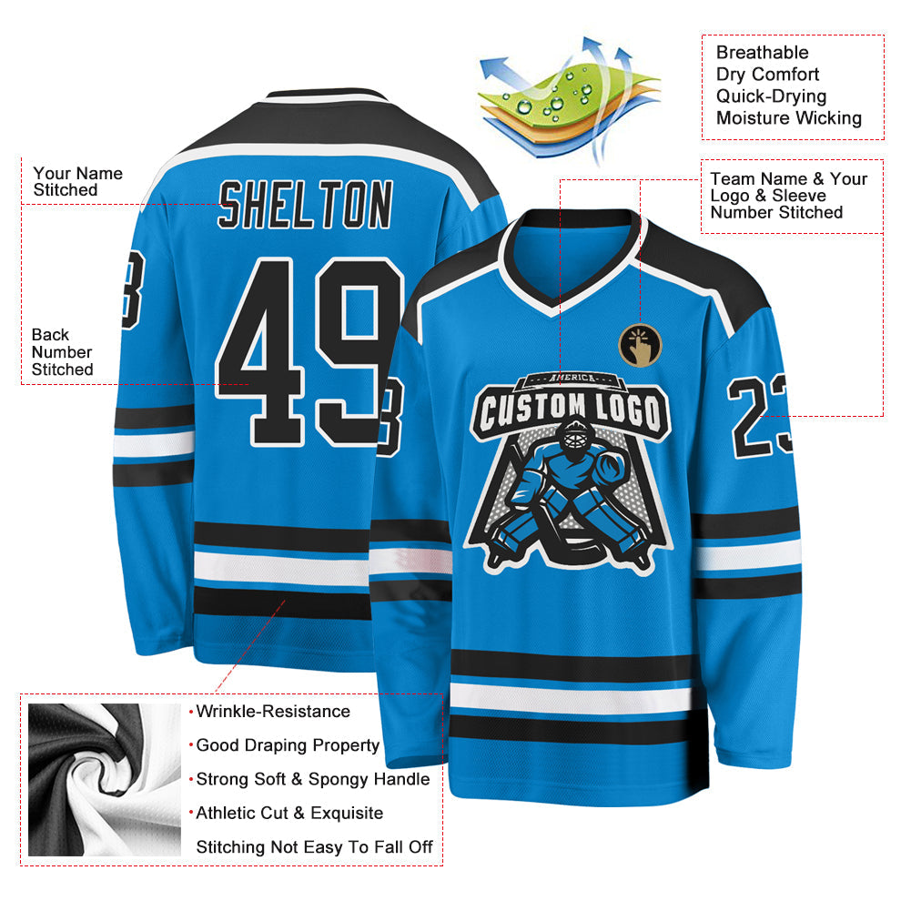 Custom Blue Black-White Hockey Jersey view 3