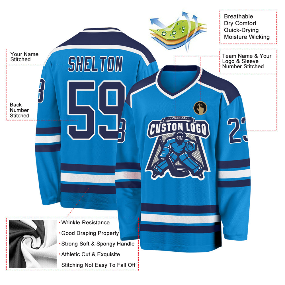 Custom Blue Navy-White Hockey Jersey view 3