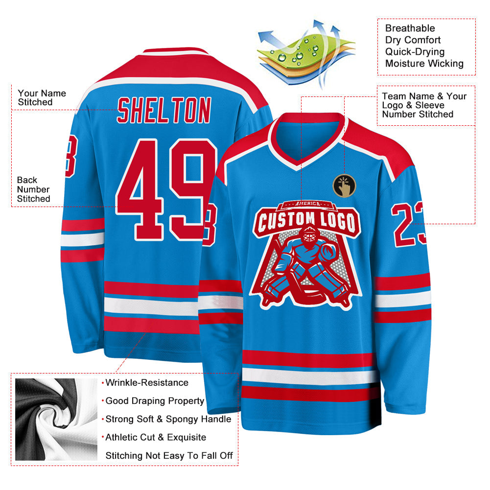 Custom Blue Red-White Hockey Jersey view 3
