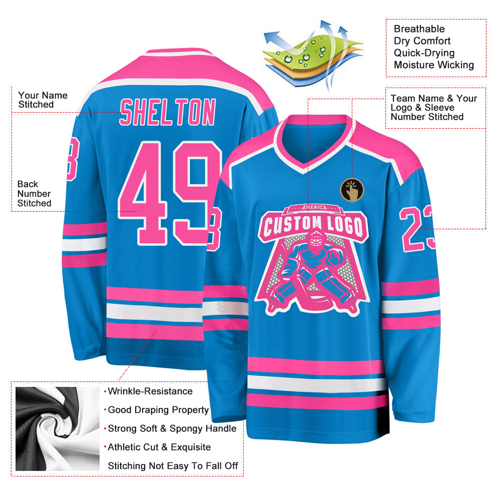 Custom Blue Pink-White Hockey Jersey view 3