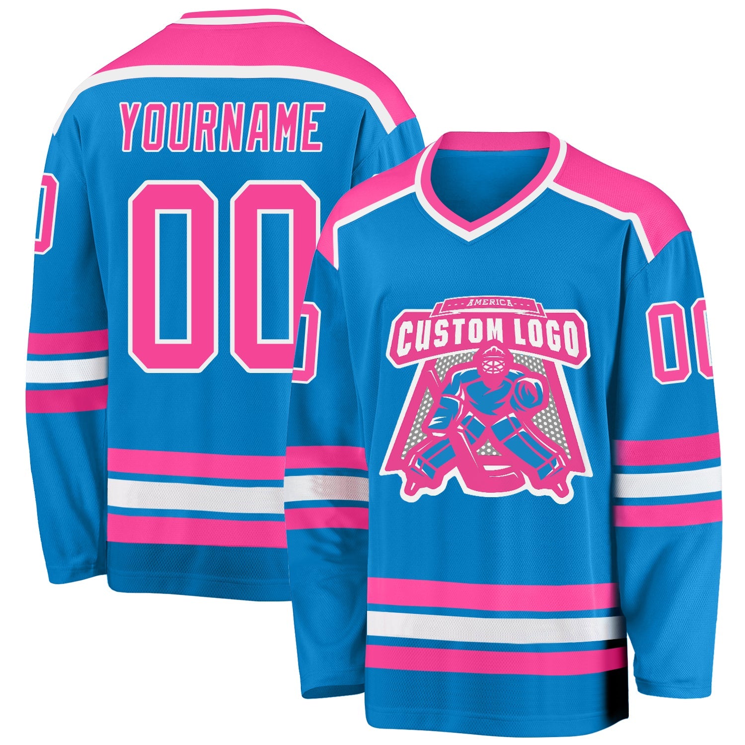 Custom Blue Pink-White Hockey Jersey - Main View