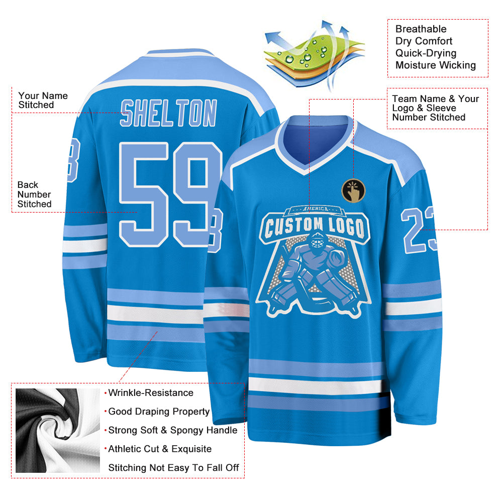 Custom Blue Light Blue-White Hockey Jersey view 3