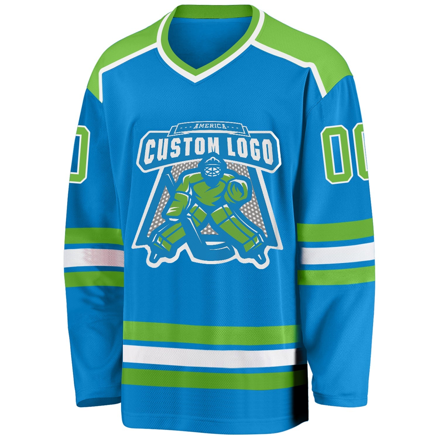 Custom Blue Neon Green-White Hockey Jersey view 2