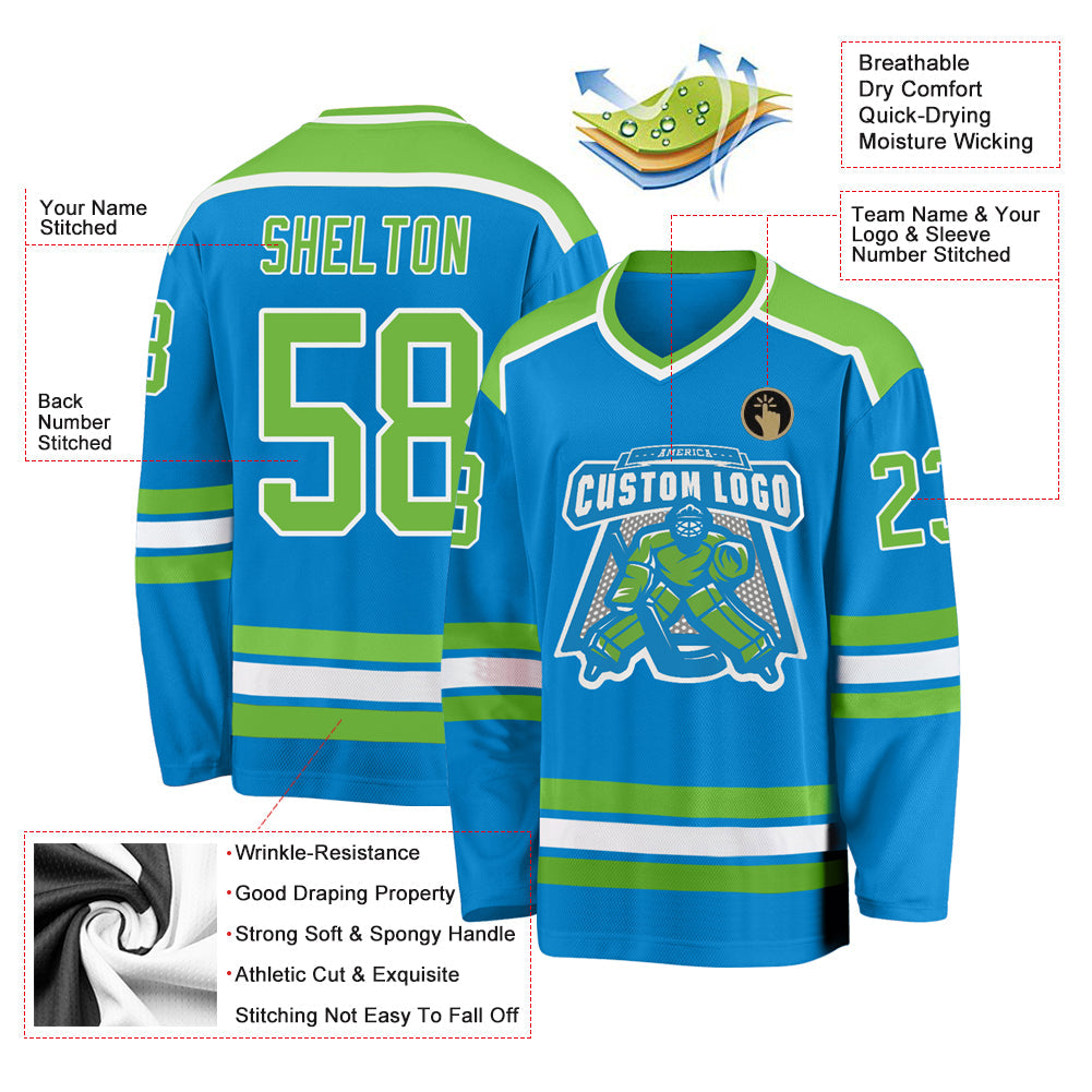 Custom Blue Neon Green-White Hockey Jersey view 3