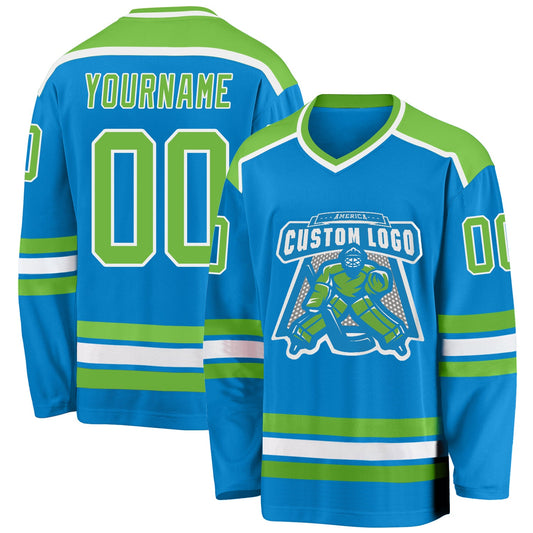 Custom Blue Neon Green-White Hockey Jersey - Main View