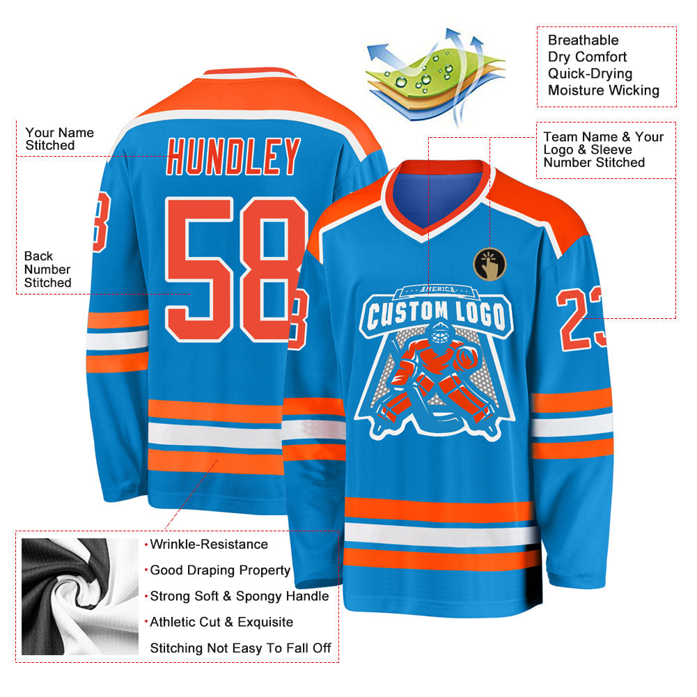 Custom Blue Orange-White Hockey Jersey view 3