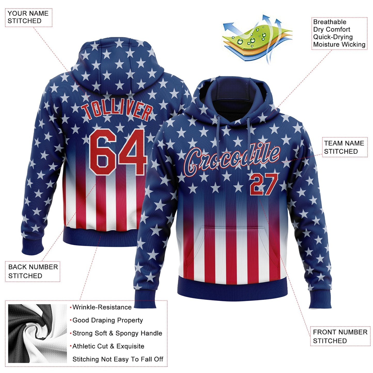 Custom Stitched Blue Red-White 3D American Flag Fashion Sports Pullover Sweatshirt Hoodie view 2
