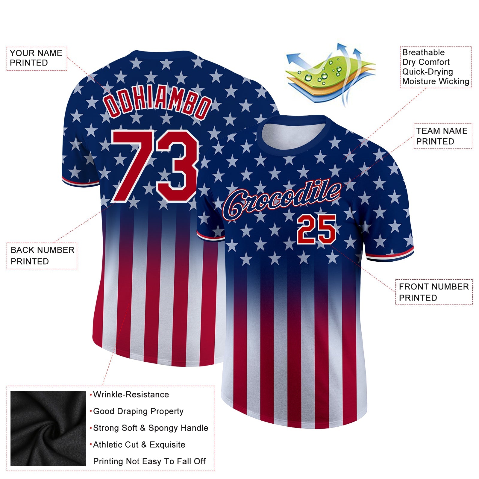 Custom Blue Red-White 3D American Flag Fashion Performance T-Shirt view 2