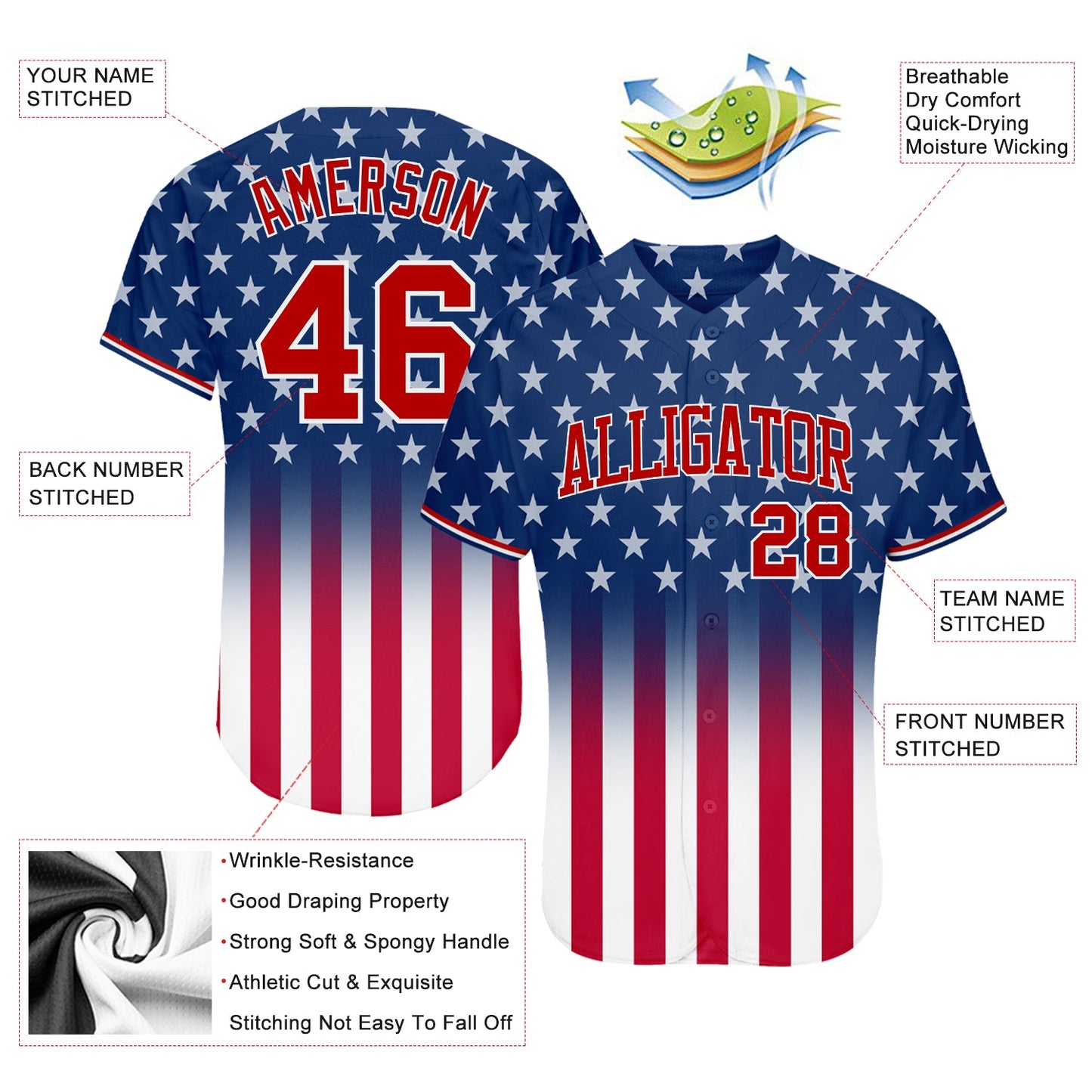 Custom Blue Red-White 3D American Flag Fashion Authentic Baseball Jersey view 4