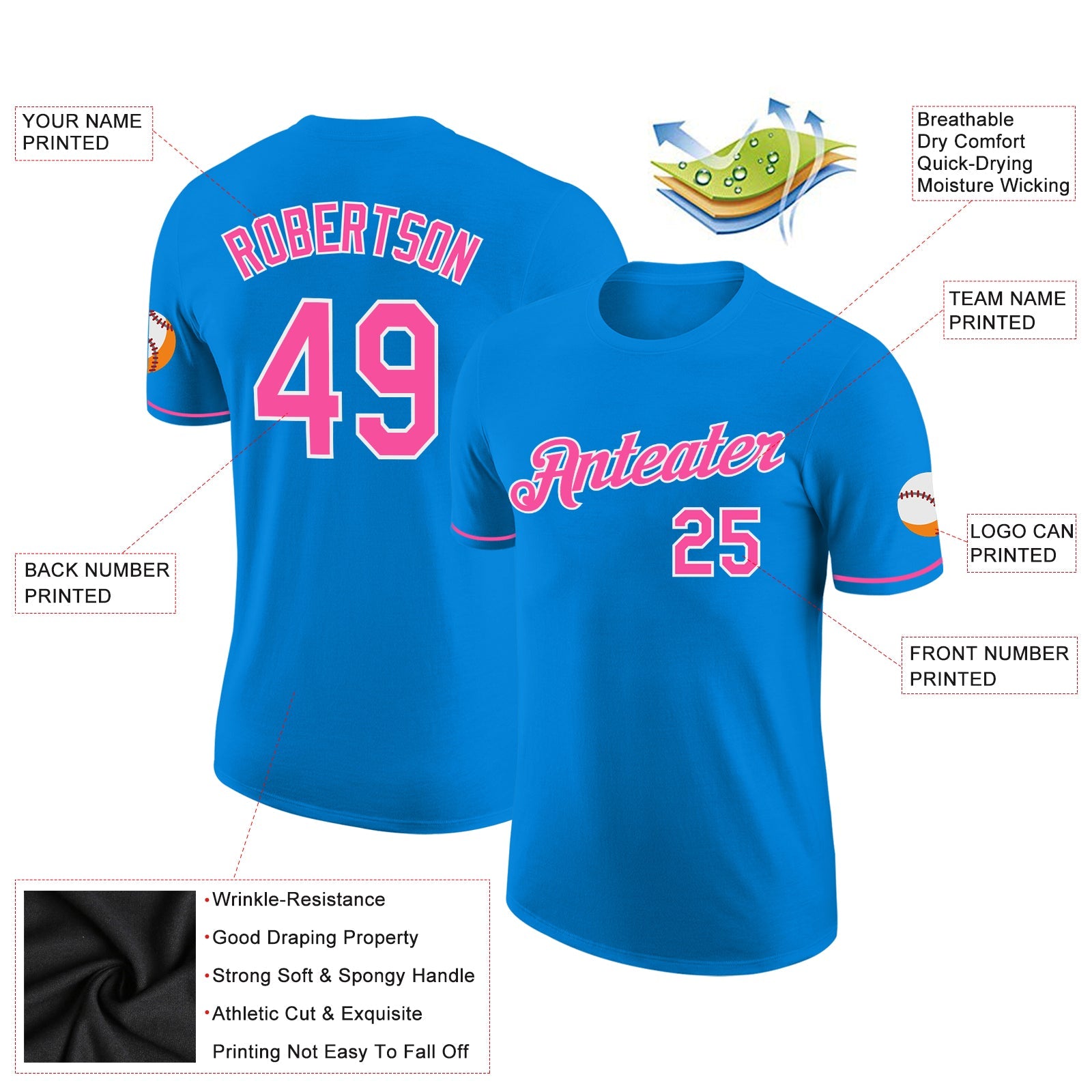 Custom Blue Pink-White Performance T-Shirt view 2